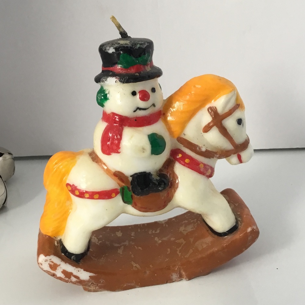 Holiday Snowman on Rocking Horse Candle - White & Yellow